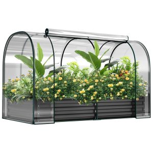 DOCRED 72.8 in x 37.4 in x 47.2 in Metal Planter Box with Roll-Up Window Galvanized Raised Garden Bed with PVC Cover Mini Greenhouse Tent