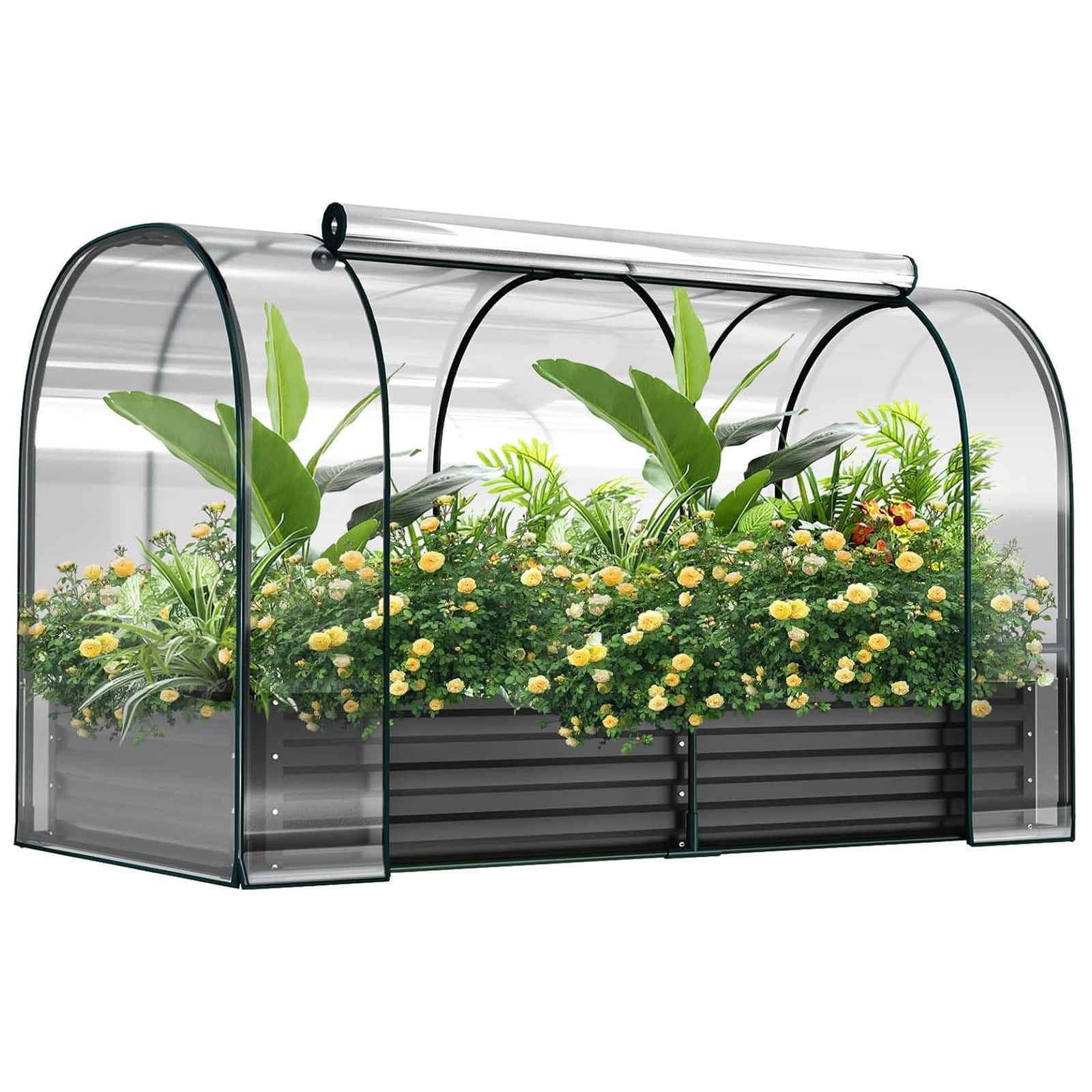 DOCRED 72.8 in x 37.4 in x 47.2 in Metal Planter Box with Roll-Up Window Galvanized Raised Garden Bed with PVC Cover Mini Greenhouse Tent