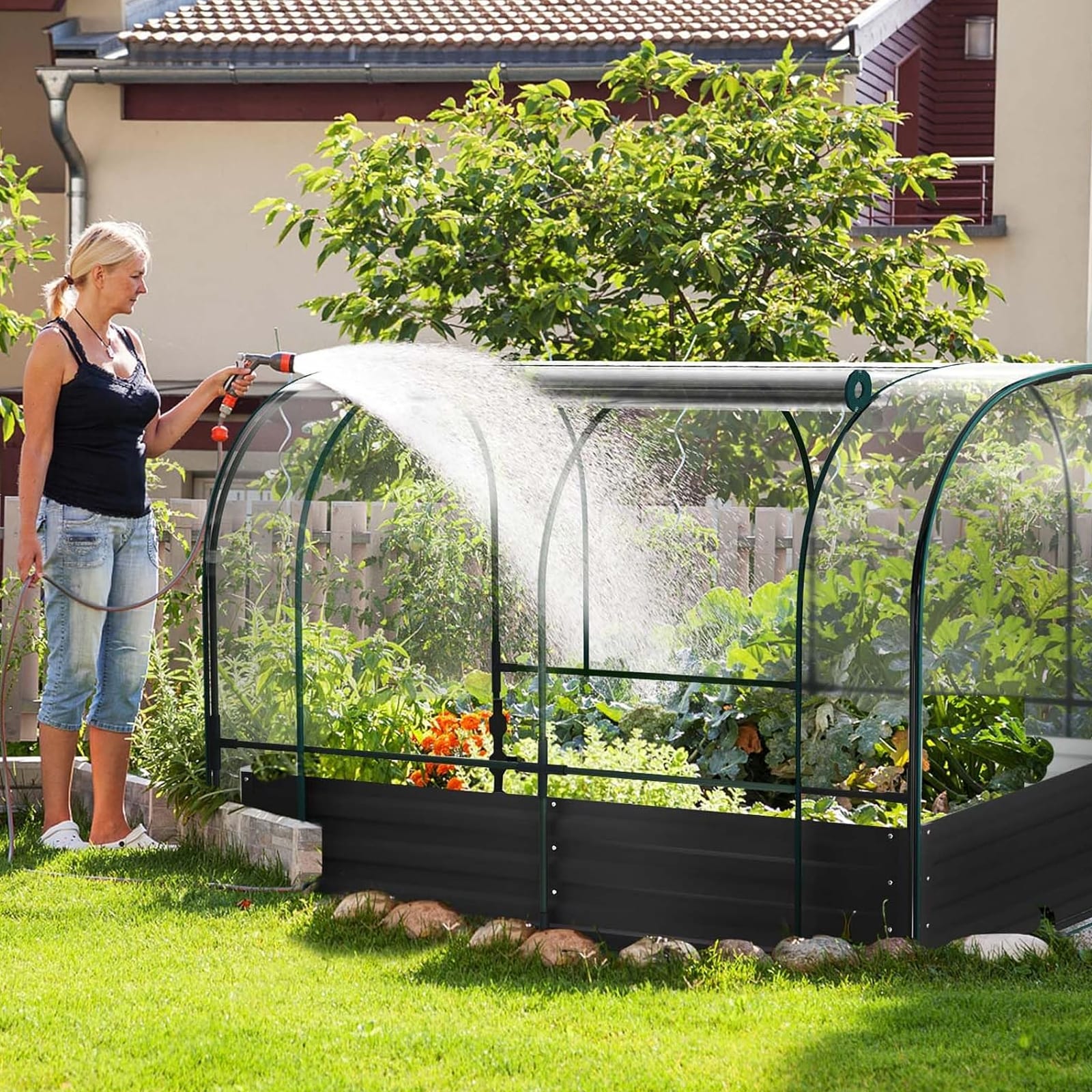 DOCRED 72.8 in x 37.4 in x 47.2 in Metal Planter Box with Roll-Up Window Galvanized Raised Garden Bed with PVC Cover Mini Greenhouse Tent - Image 4