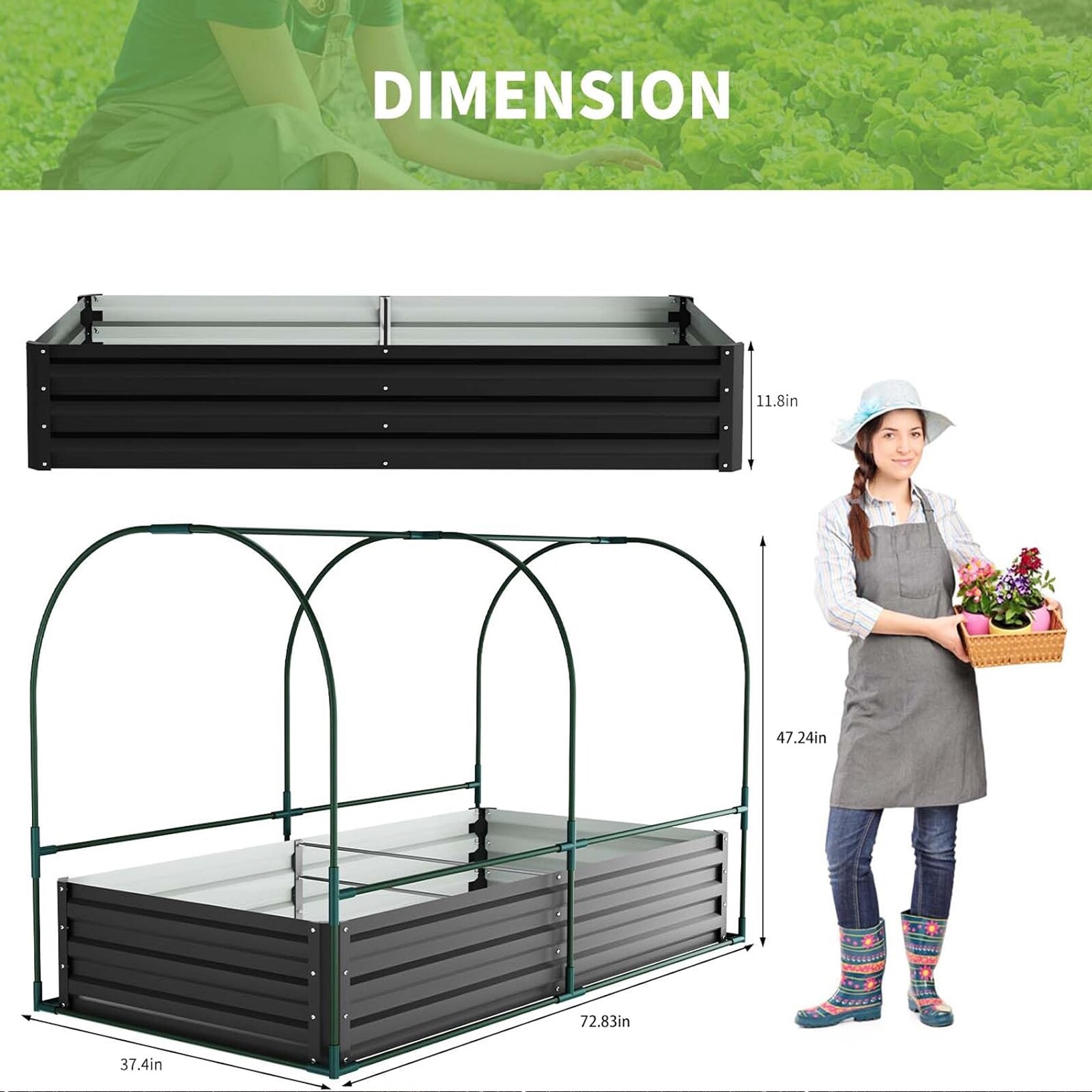 DOCRED 72.8 in x 37.4 in x 47.2 in Metal Planter Box with Roll-Up Window Galvanized Raised Garden Bed with PVC Cover Mini Greenhouse Tent - Image 5