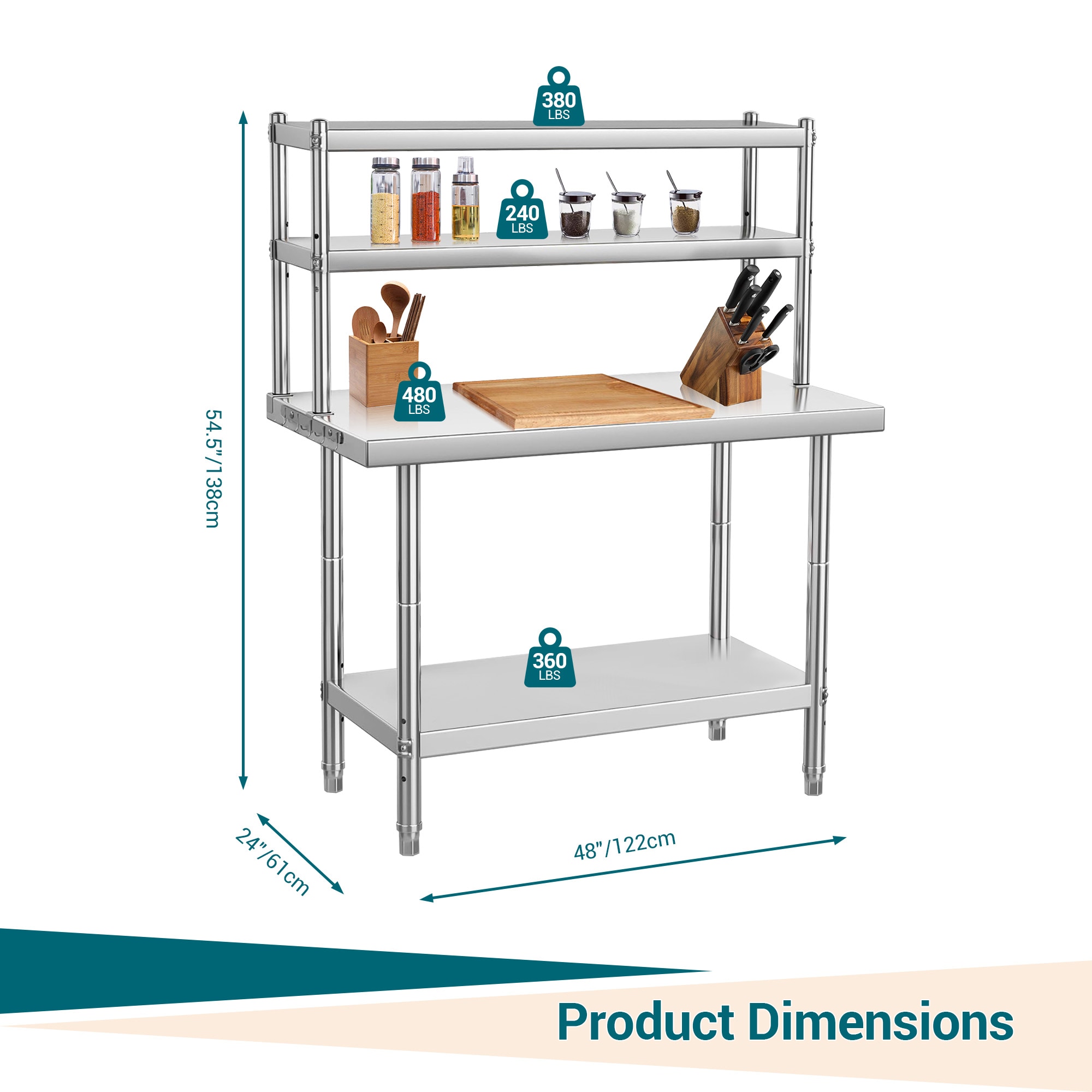 Garvee Stainless Steel Prep Table 48x24 Inch Commercial Kitchen Work Table with Adjustable Undershelf 1460 LBS Capacity for Restaurant Garage Home - Image 2