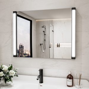 WELLFOR HH LED bathroom Mirrors 32-in x 24-in Polished Rectangle Dimmable Lighted Bathroom Vanity Mirror ( Black )