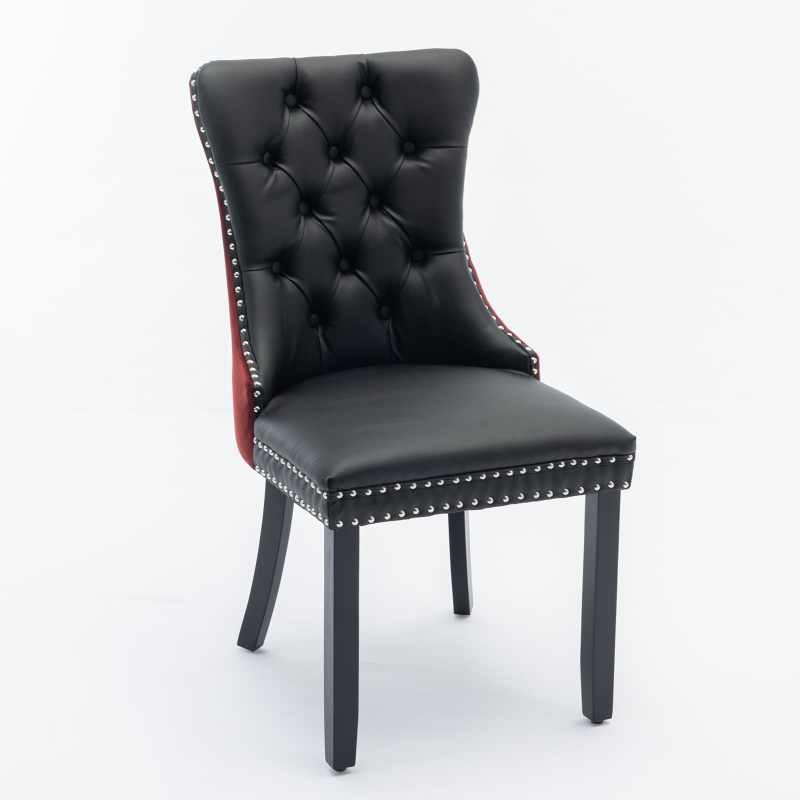 Vynxaria Black Burgundy PU Leather Velvet Tufted Solid Wood Nailhead Trim Upholstered Dining Chair Set of 2