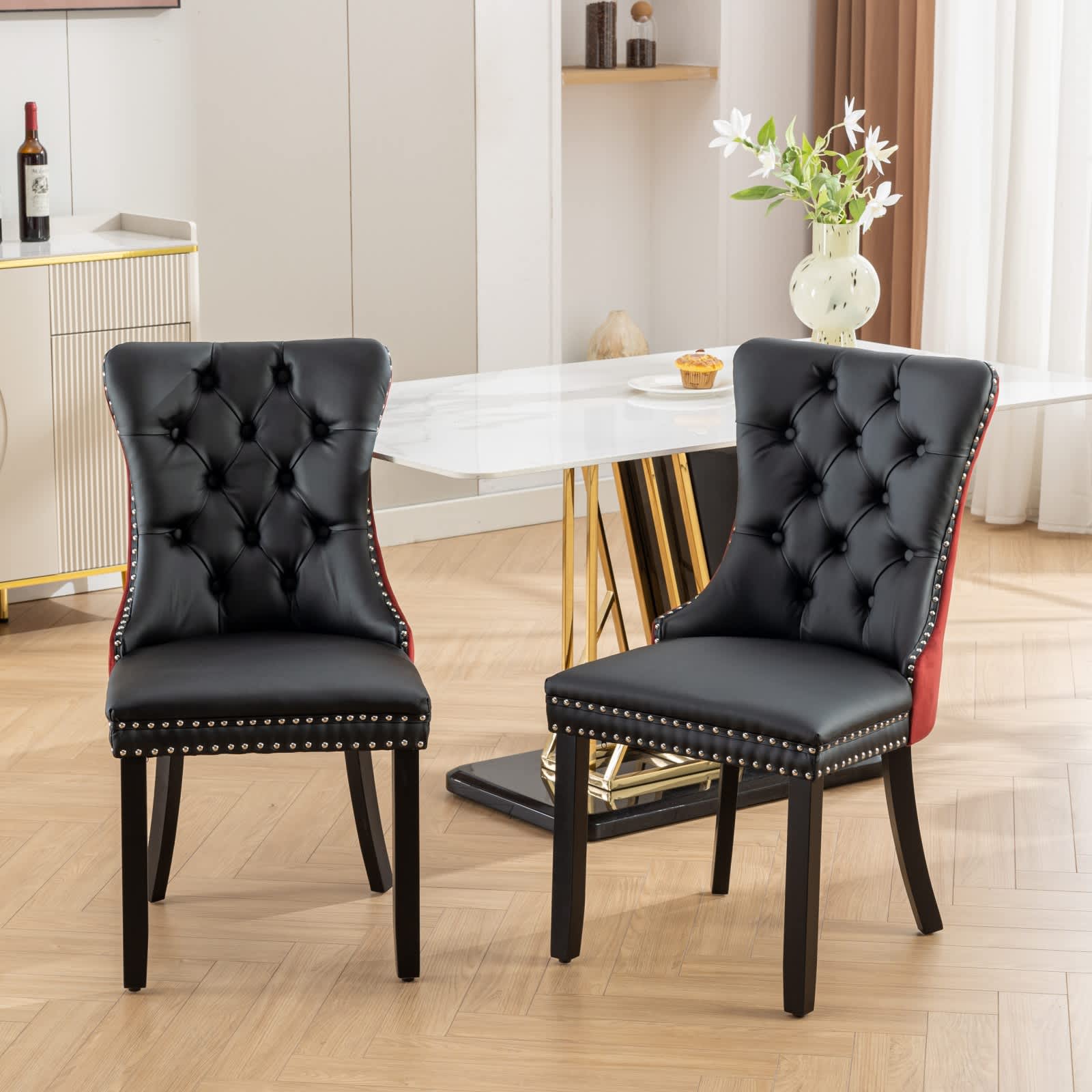 Vynxaria Black Burgundy PU Leather Velvet Tufted Solid Wood Nailhead Trim Upholstered Dining Chair Set of 2 - Image 3