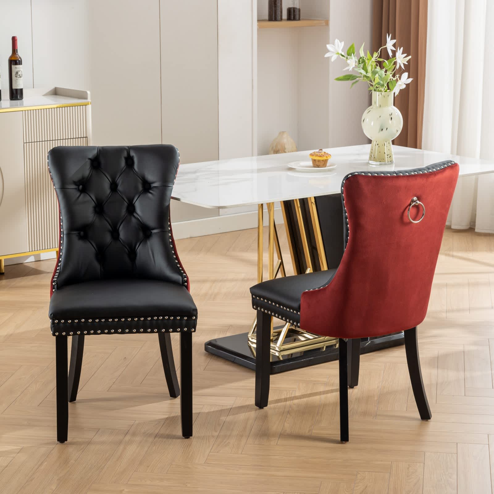 Vynxaria Black Burgundy PU Leather Velvet Tufted Solid Wood Nailhead Trim Upholstered Dining Chair Set of 2 - Image 2