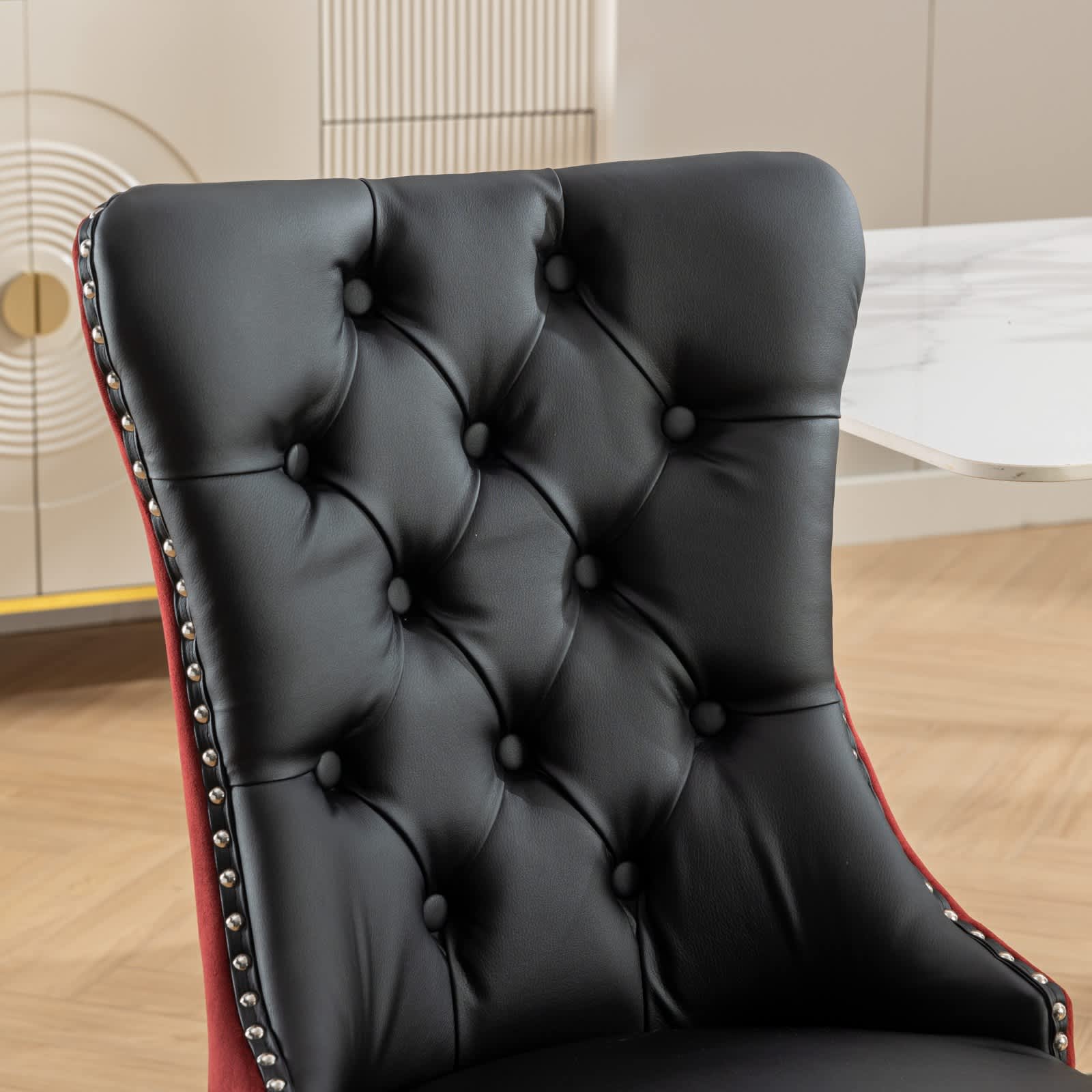 Vynxaria Black Burgundy PU Leather Velvet Tufted Solid Wood Nailhead Trim Upholstered Dining Chair Set of 2 - Image 5