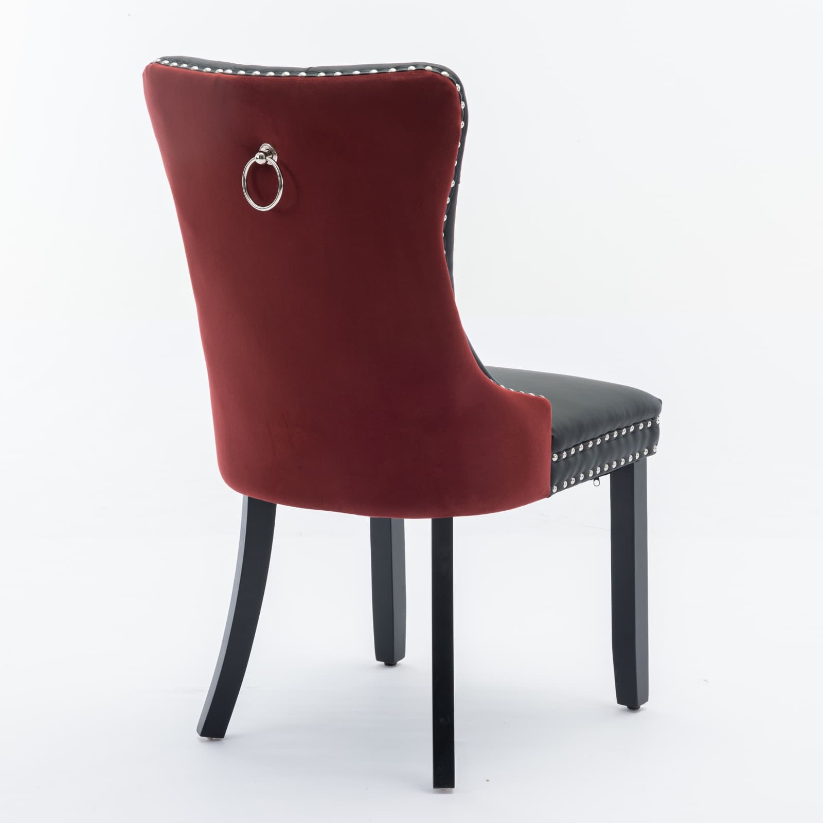 Vynxaria Black Burgundy PU Leather Velvet Tufted Solid Wood Nailhead Trim Upholstered Dining Chair Set of 2 - Image 6