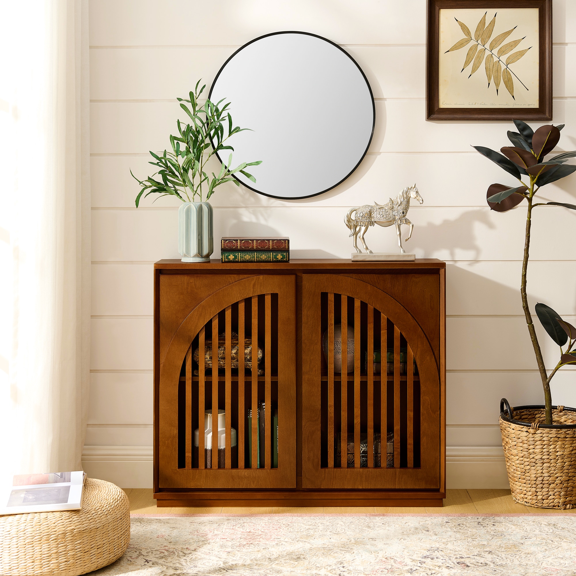LUXEYARD Mid Century Modern Fluted Sideboard Cabinet with 2 Outlet Holes Buffet Cabinet with Storage Narrow Side Cabinet for Living Room Entryway Hallway Kitchen Coffee Bar Walnut - Image 2