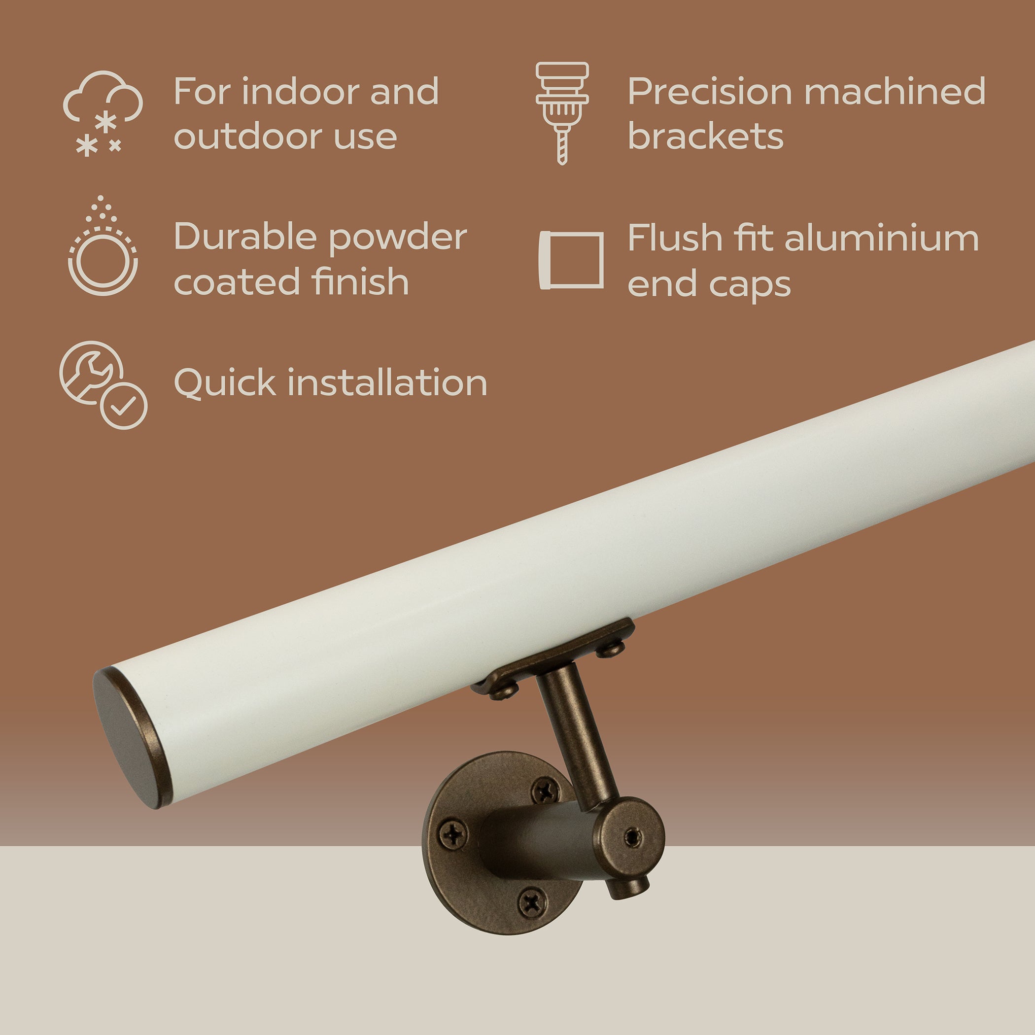 Concept Fusion 3 Foot L Industrial Aluminum Round Complete Indoor/Outdoor Straight Handrail Grab Bar Kit Bronze and White Powder Coated Finish - Image 5