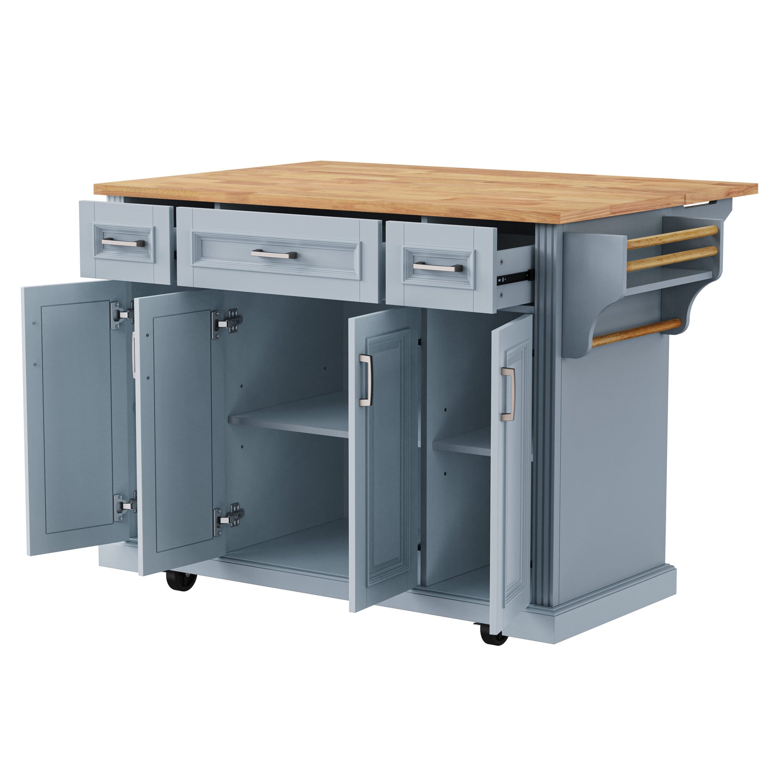 Rbied 54in Large Kitchen Island with Rubber Wood Drop Leaf Embossed Texture 4 Wheels 4 Doors 3 Drawers Grey Blue - Image 2