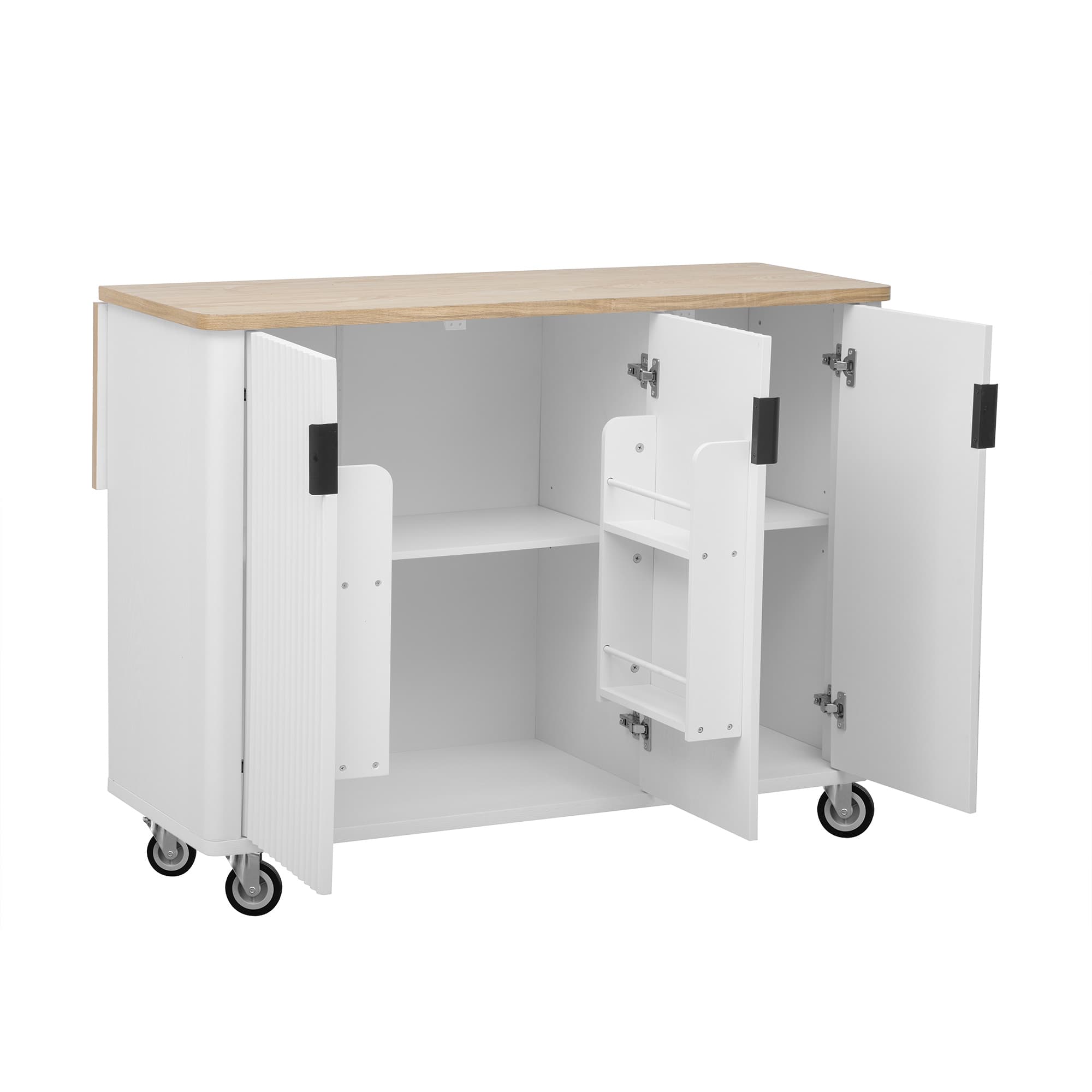 Rbied 51in Fluted Kitchen Island with Drop Leaf Farmhouse Accent Rolling Cart Internal Storage Rack White Ash - Image 2
