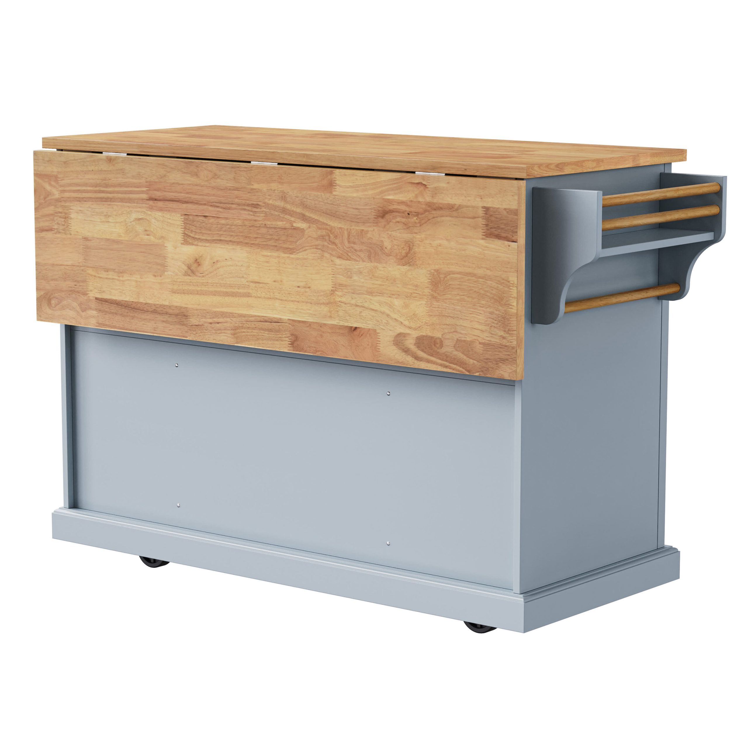 Rbied 54in Large Kitchen Island with Rubber Wood Drop Leaf Embossed Texture 4 Wheels 4 Doors 3 Drawers Grey Blue - Image 3