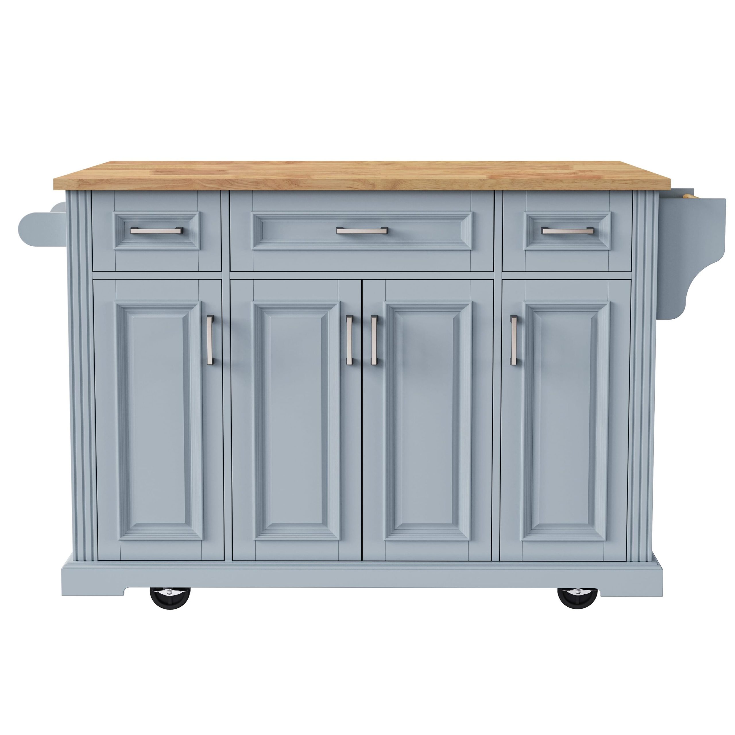 Rbied 54in Large Kitchen Island with Rubber Wood Drop Leaf Embossed Texture 4 Wheels 4 Doors 3 Drawers Grey Blue