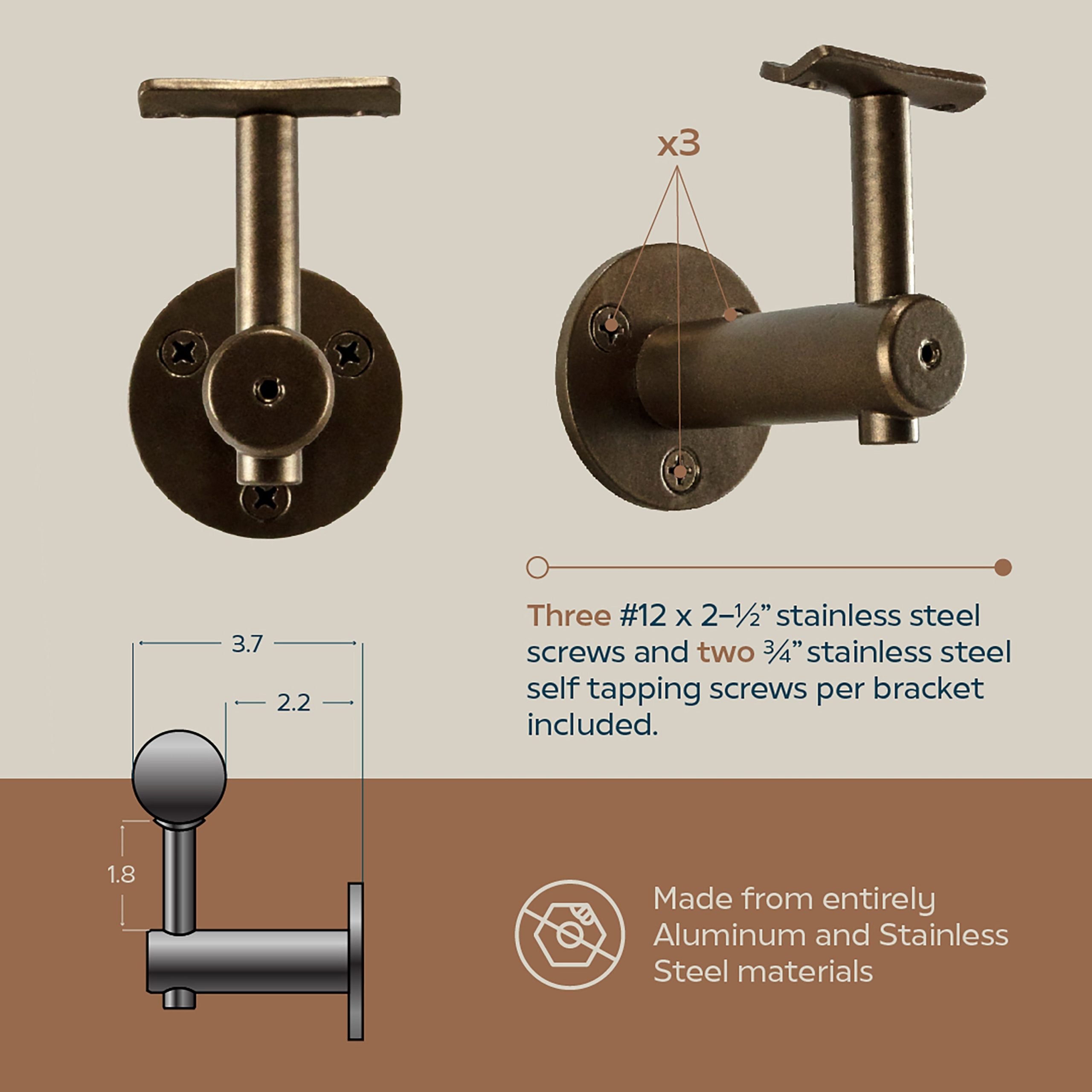 Concept Fusion 6 Foot L Industrial Aluminum Round ADA Returns to Wall Complete Indoor/Outdoor Straight Handrail Grab Bar Kit Bronze Powder Coated Finish - Image 4