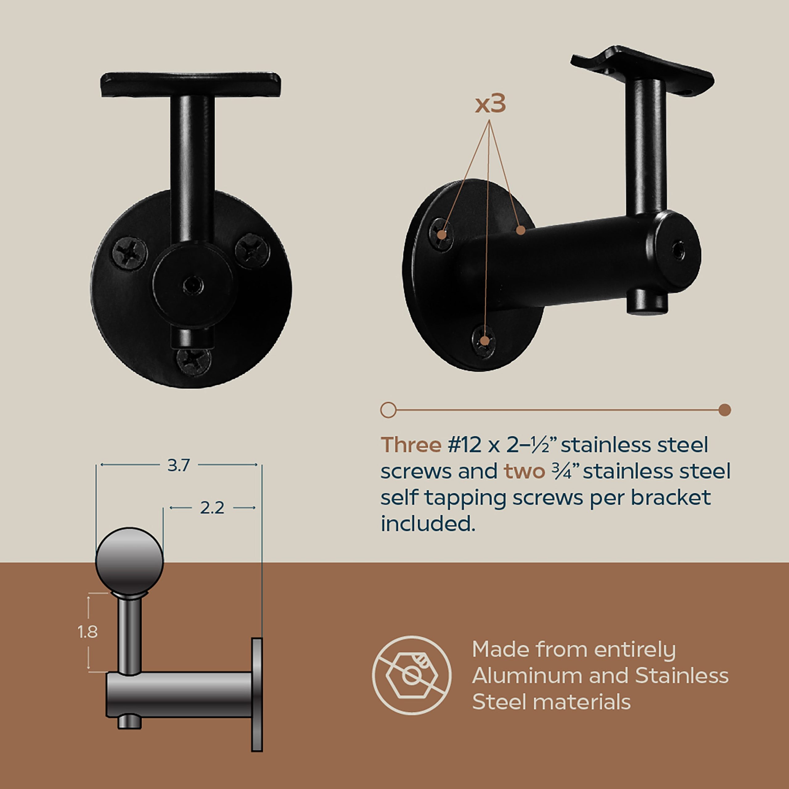 Concept Fusion 13 Foot L Industrial Aluminum Round ADA Returns to Wall Complete Indoor/Outdoor Straight Handrail Grab Bar Kit Black Powder Coated Finish - Image 4