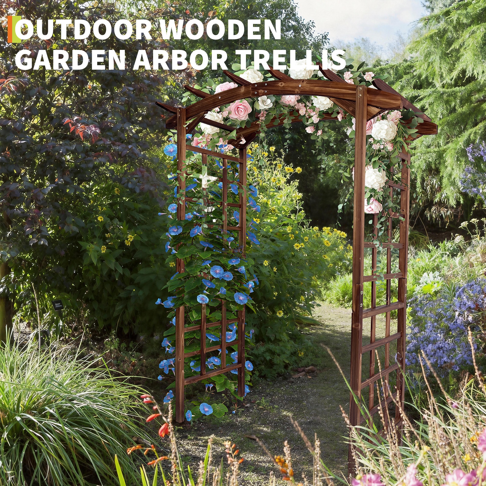 Garvee Wooden Garden Arbor Solid Fir Wood Trellis for Plant Climbing Wedding Ceremony Decoration Pergola for Garden Backyard Lawn Carbonized Wood 85 in - Image 4