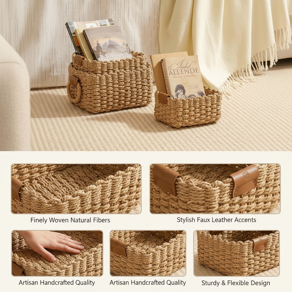 Paradigms Interiors Set Of 3 Square Woven Storage Baskets Recycled Paper Rope Handwoven Organizer For Shelves Drawer Bathroom Or Cupboard - Image 4