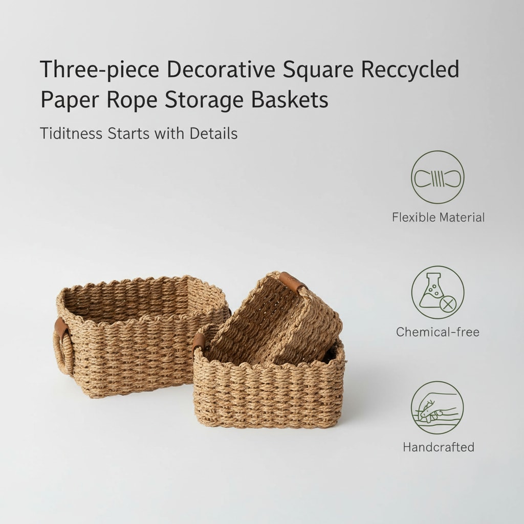 Paradigms Interiors Set Of 3 Square Woven Storage Baskets Recycled Paper Rope Handwoven Organizer For Shelves Drawer Bathroom Or Cupboard - Image 5