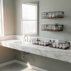 Paradigms Interiors 4 Set Wall Mounted Floating Shelves in 4 Sizes Paulownia Wood with Metal Wire Frame for Bathroom Living Room or Kitchen Storage