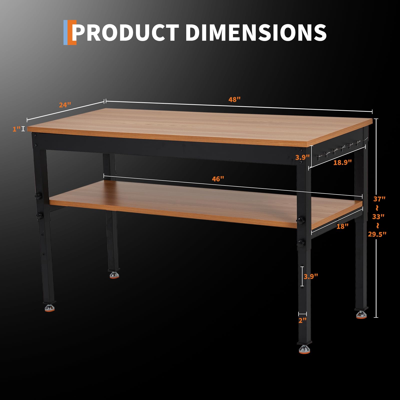 IdealHouse 48in x 24in Work Bench Adjustable Height Workbench with Storage Shelf 2500 LBS Tool Bench with Power Outlet for Garage Workshop and Home - Image 3