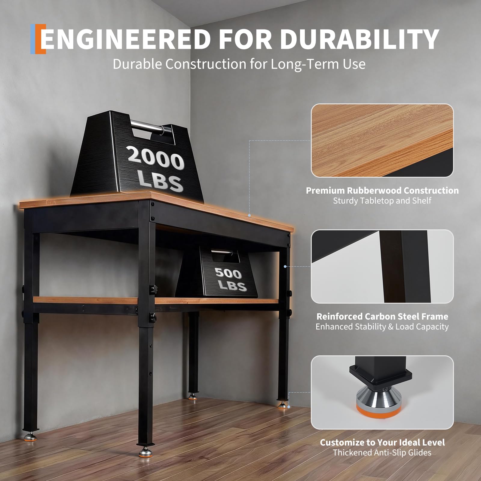 IdealHouse 48in x 24in Work Bench Adjustable Height Workbench with Storage Shelf 2500 LBS Tool Bench with Power Outlet for Garage Workshop and Home - Image 4