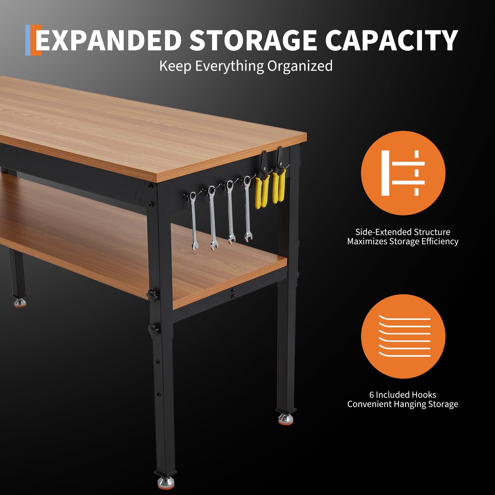 IdealHouse 48in x 24in Work Bench Adjustable Height Workbench with Storage Shelf 2500 LBS Tool Bench with Power Outlet for Garage Workshop and Home - Image 6