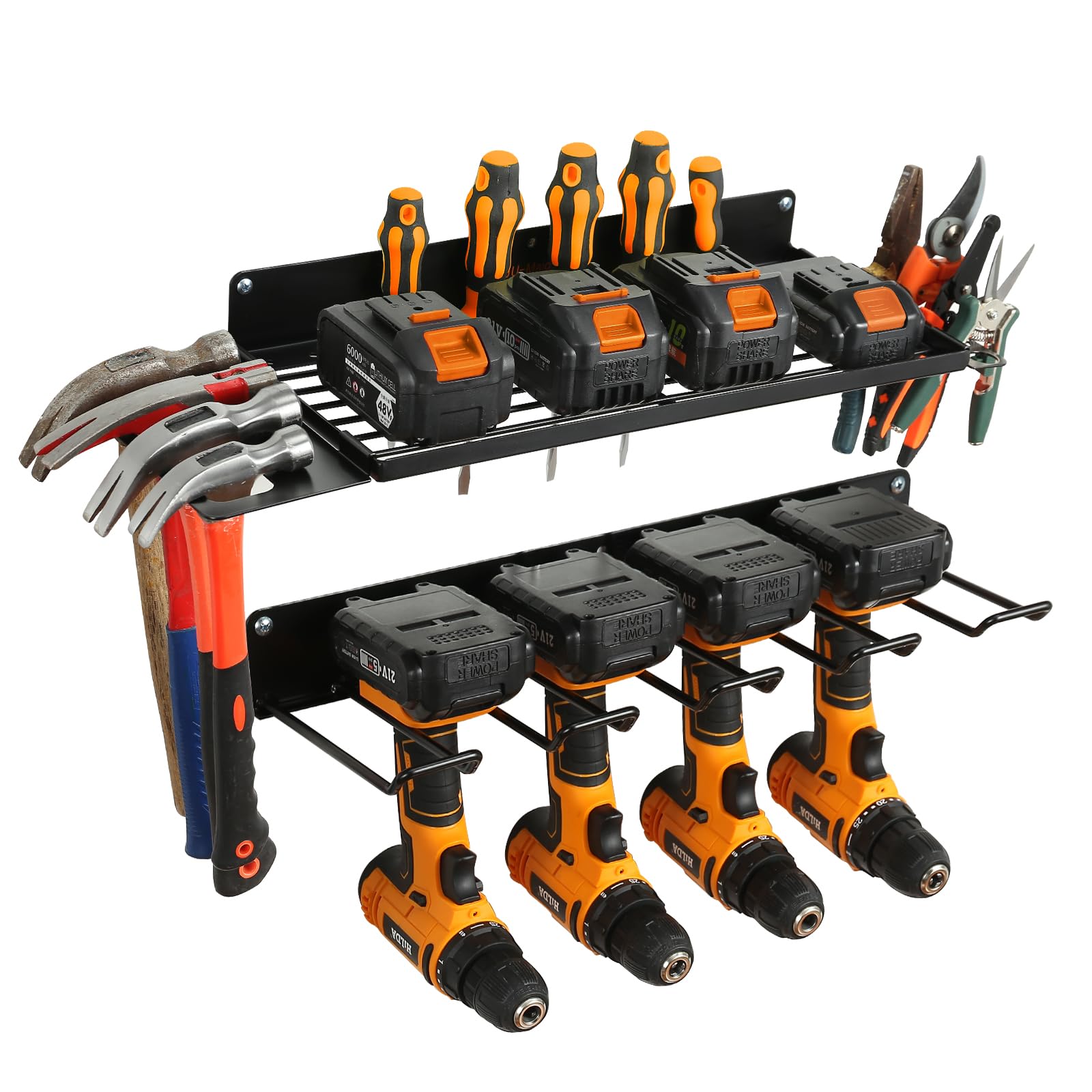 Anqtovp Power Tool Organizer with Charging Station Heavy Duty Metal Wall Mount Drill Holder Garage Storage Shelves Black 2 Pack 4 Set - Image 7