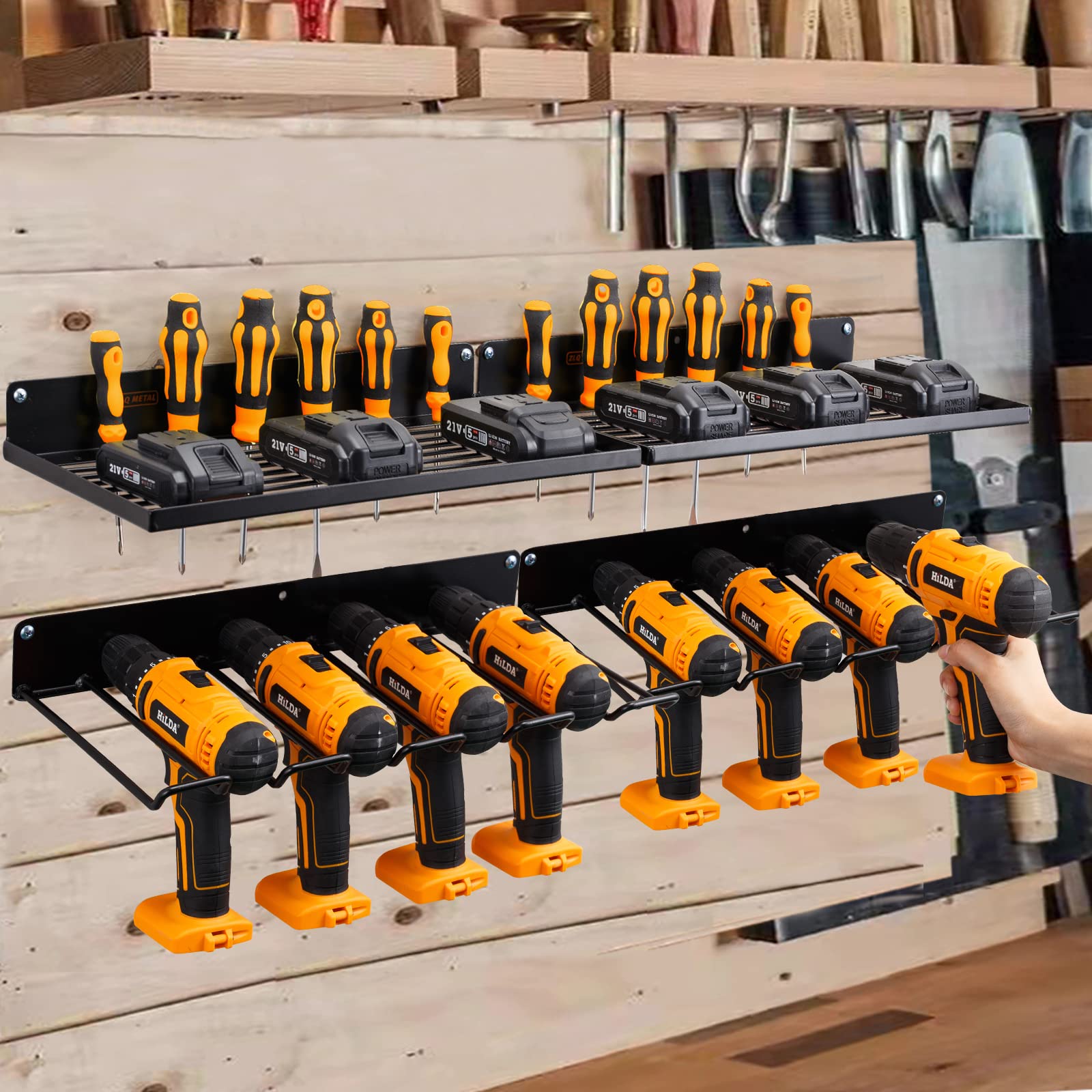 Anqtovp Power Tool Organizer with Charging Station Heavy Duty Metal Wall Mount Drill Holder Garage Storage Shelves Black 2 Pack 4 Set - Image 2