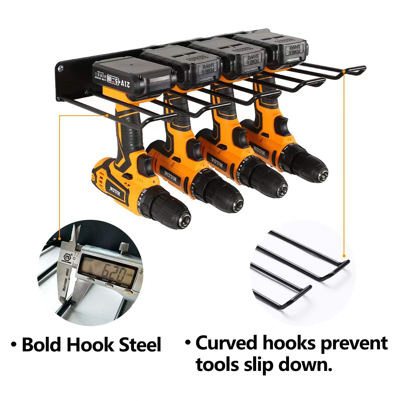 Anqtovp Power Tool Organizer with Charging Station Heavy Duty Metal Wall Mount Drill Holder Garage Storage Shelves Black 2 Pack 4 Set - Image 5