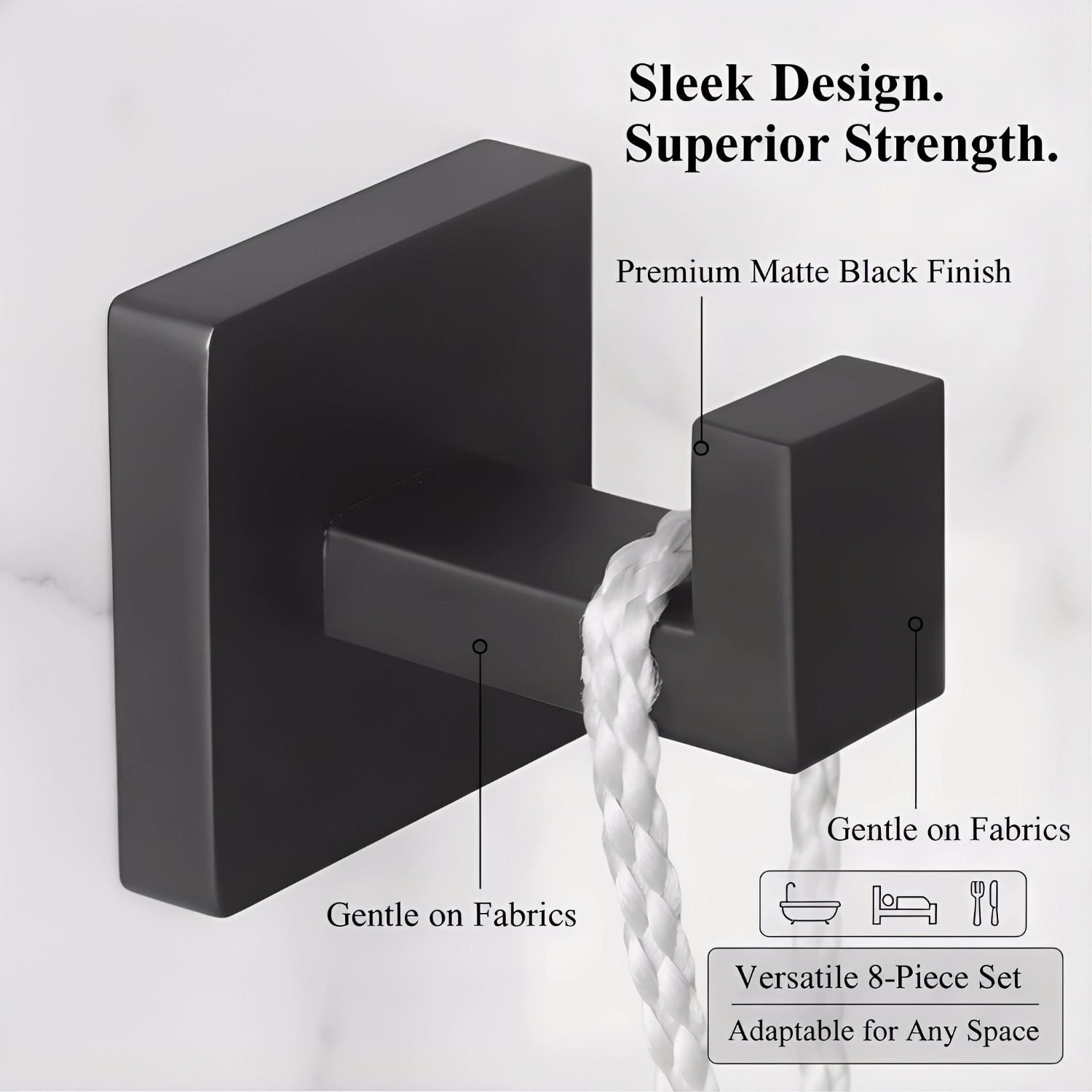 Paradigms Interiors 8 Pack Square Matte Black Towel Hooks Heavy Duty Stainless Steel Wall Mount Hook Hanger For Robe Bath Towel Coat Bathroom Kitchen Closet - Image 3