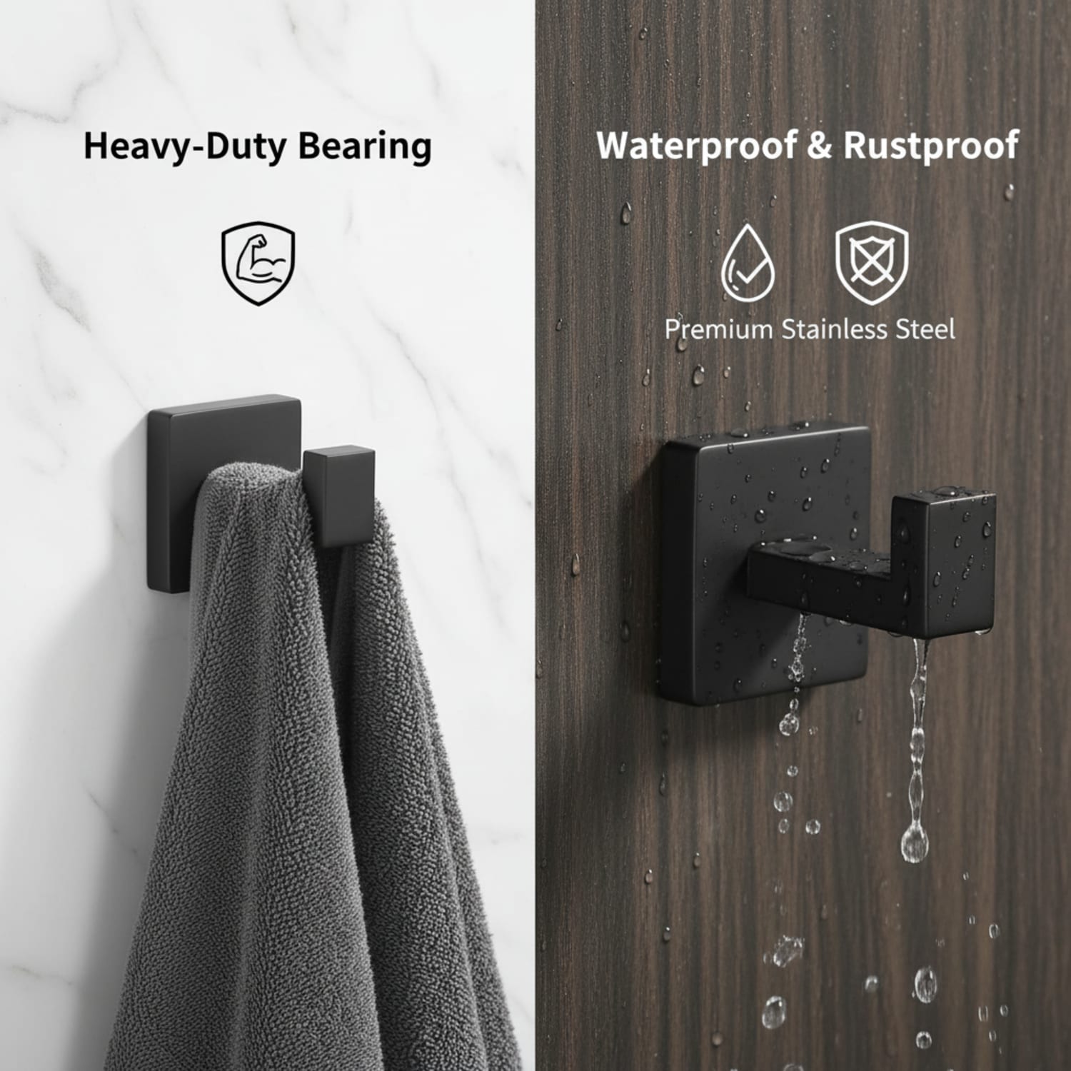 Paradigms Interiors 8 Pack Square Matte Black Towel Hooks Heavy Duty Stainless Steel Wall Mount Hook Hanger For Robe Bath Towel Coat Bathroom Kitchen Closet - Image 7