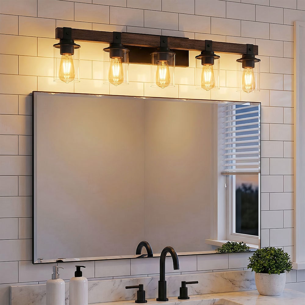 Basdien 35-in 5 Light Rustic Industrial Vanity Light Farmhouse Wall Sconce with Walnut Wood Accent Clear Glass Shades Black Iron Finish Max 60W Bulb Bulbs Not Included Hardwired Mount for Bathroom - Image 4