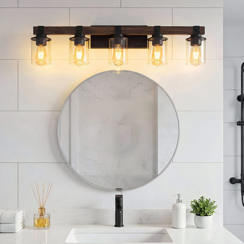 Basdien 35-in 5 Light Rustic Industrial Vanity Light Farmhouse Wall Sconce with Walnut Wood Accent Clear Glass Shades Black Iron Finish Max 60W Bulb Bulbs Not Included Hardwired Mount for Bathroom - Image 2