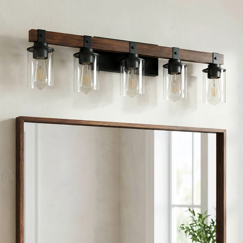 Basdien 35-in 5 Light Rustic Industrial Vanity Light Farmhouse Wall Sconce with Walnut Wood Accent Clear Glass Shades Black Iron Finish Max 60W Bulb Bulbs Not Included Hardwired Mount for Bathroom - Image 5