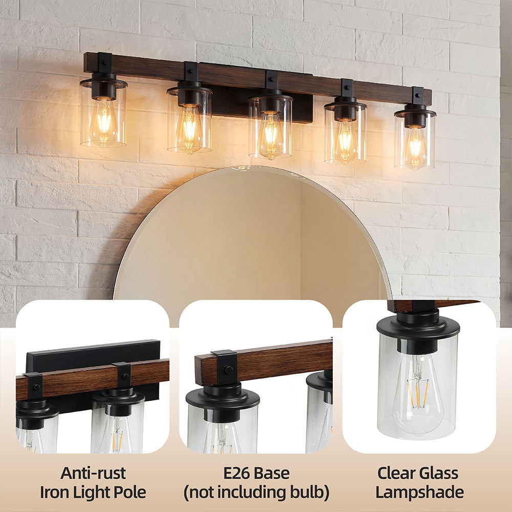 Basdien 35-in 5 Light Rustic Industrial Vanity Light Farmhouse Wall Sconce with Walnut Wood Accent Clear Glass Shades Black Iron Finish Max 60W Bulb Bulbs Not Included Hardwired Mount for Bathroom - Image 3
