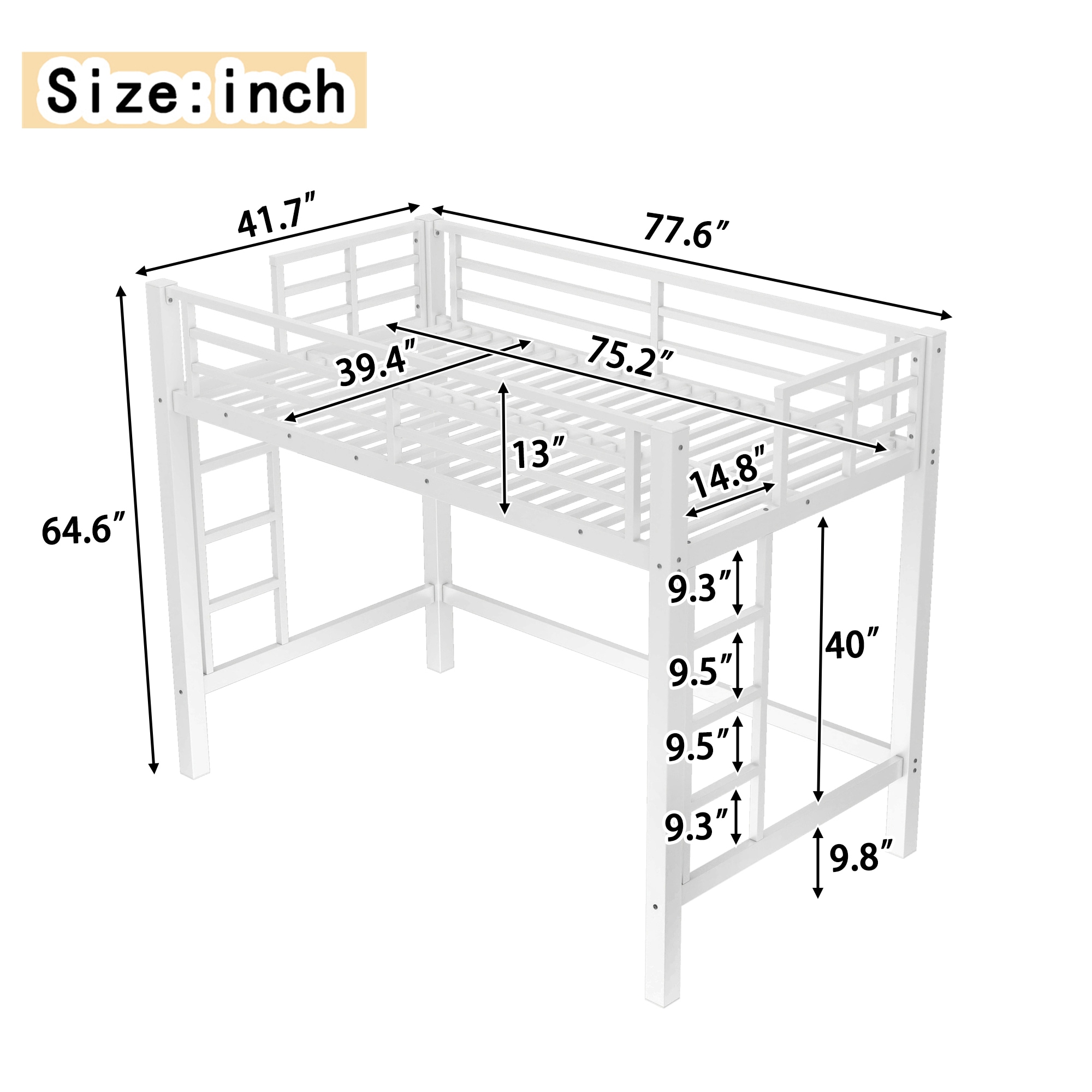 Bellemave Twin Size Metal Loft Bed Loft Bed with Easy Climbing Ladder and Guardrails Heavy Duty Metal Loft Bed with Noise-reduced Design White - Image 3