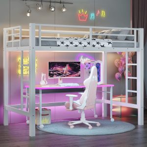 Bellemave Twin Size Metal Loft Bed Loft Bed with Easy Climbing Ladder and Guardrails Heavy Duty Metal Loft Bed with Noise-reduced Design White