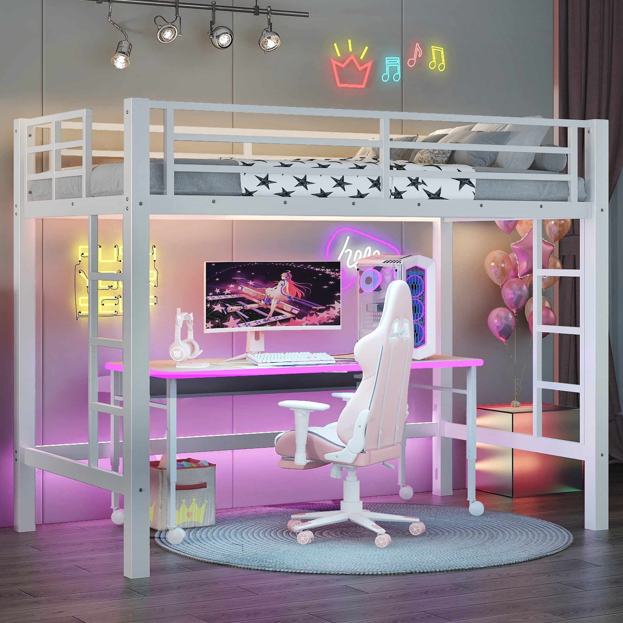 Bellemave Twin Size Metal Loft Bed Loft Bed with Easy Climbing Ladder and Guardrails Heavy Duty Metal Loft Bed with Noise-reduced Design White