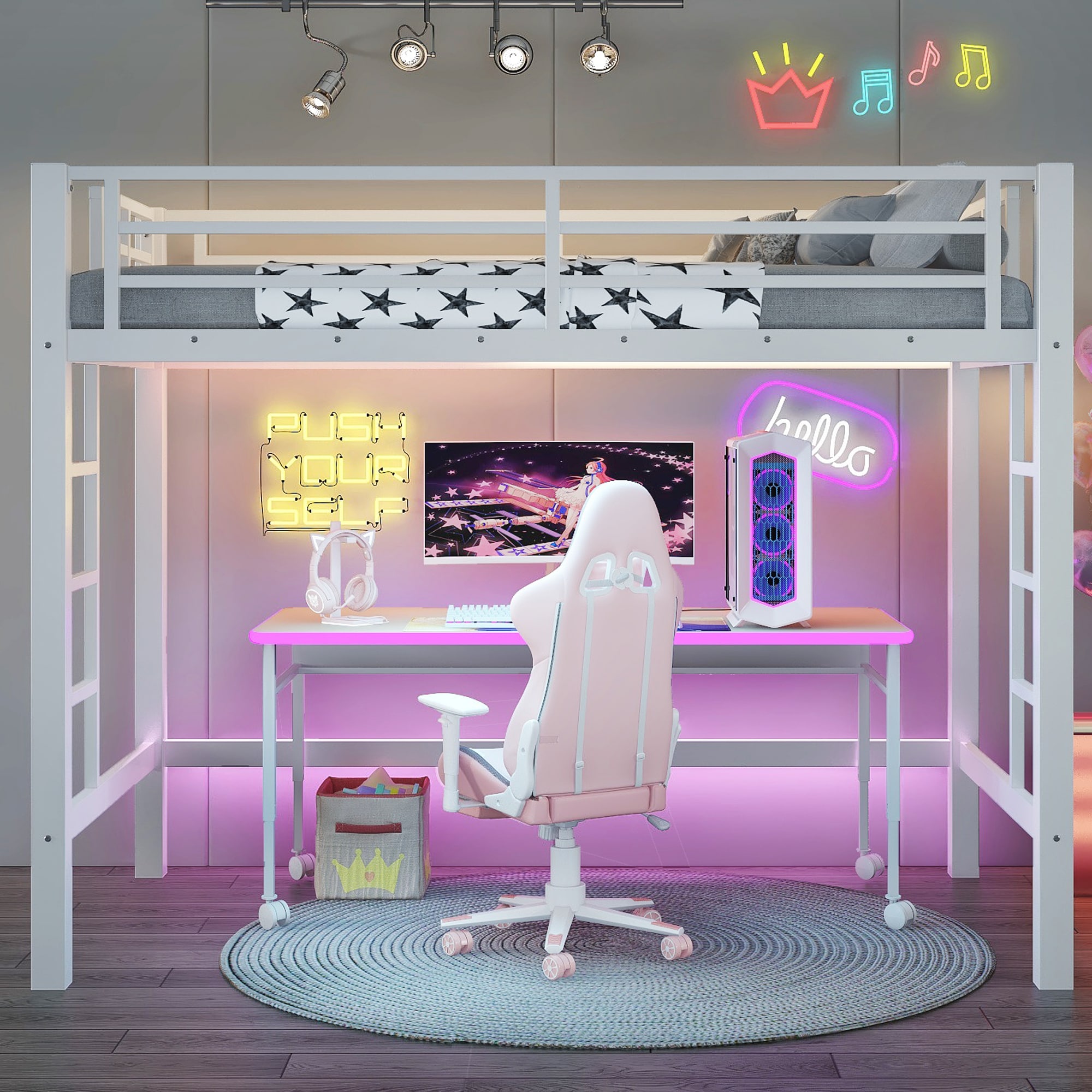 Bellemave Twin Size Metal Loft Bed Loft Bed with Easy Climbing Ladder and Guardrails Heavy Duty Metal Loft Bed with Noise-reduced Design White - Image 2