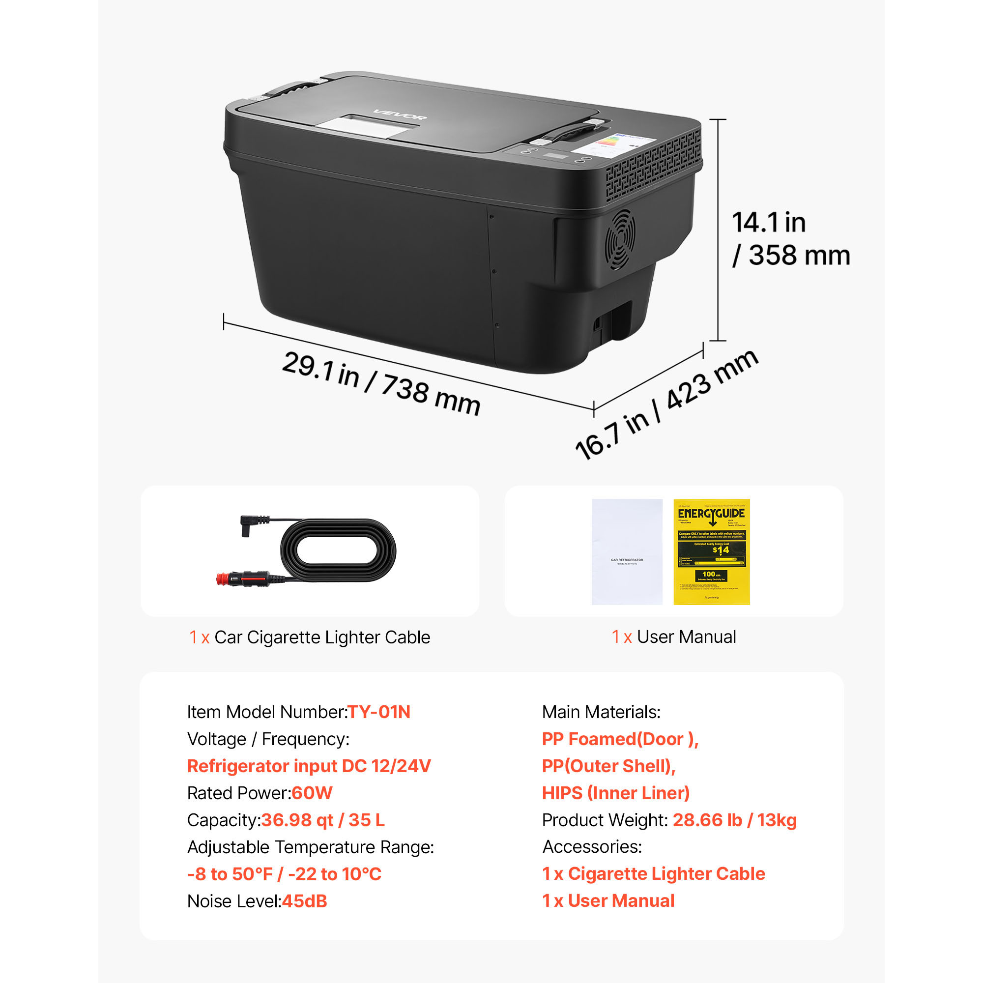 VEVOR 12 Volt Refrigerator 37 QT/ 35L Car Fridge for Tesla Model Y Portable Electric Freezer Compressor with APP Control 12V/24V DC -8 degrees Fahrenheit to 50 degrees Fahrenheit - Image 7