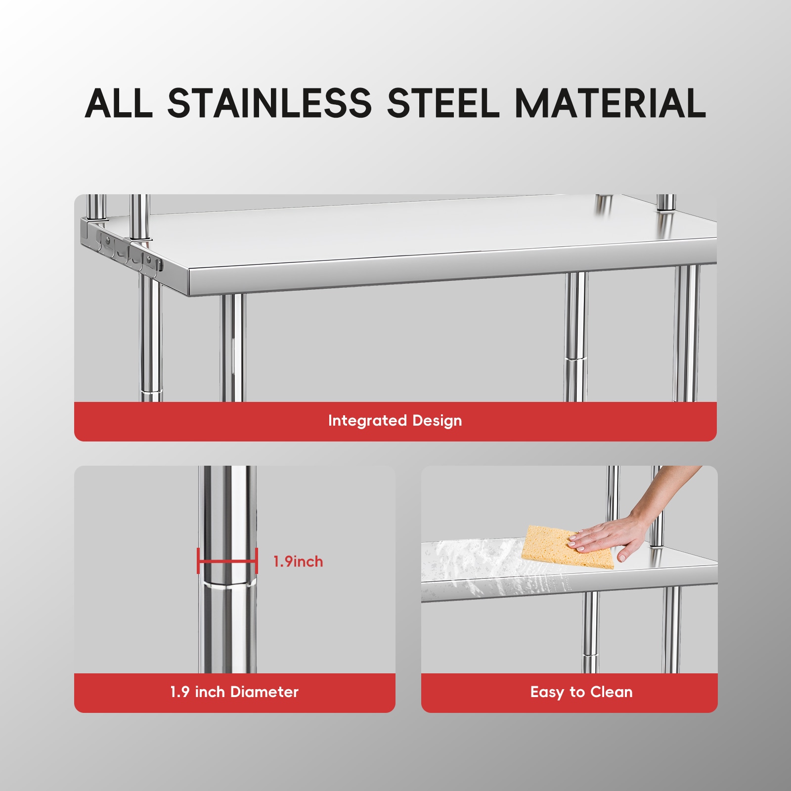 GAOMON 48 x 24 Inch Custom Kitchen Stainless Steel Workbench with Double Tier Organizer Shelf- 160cm Height Heavy Duty Prep Work Table - Image 2