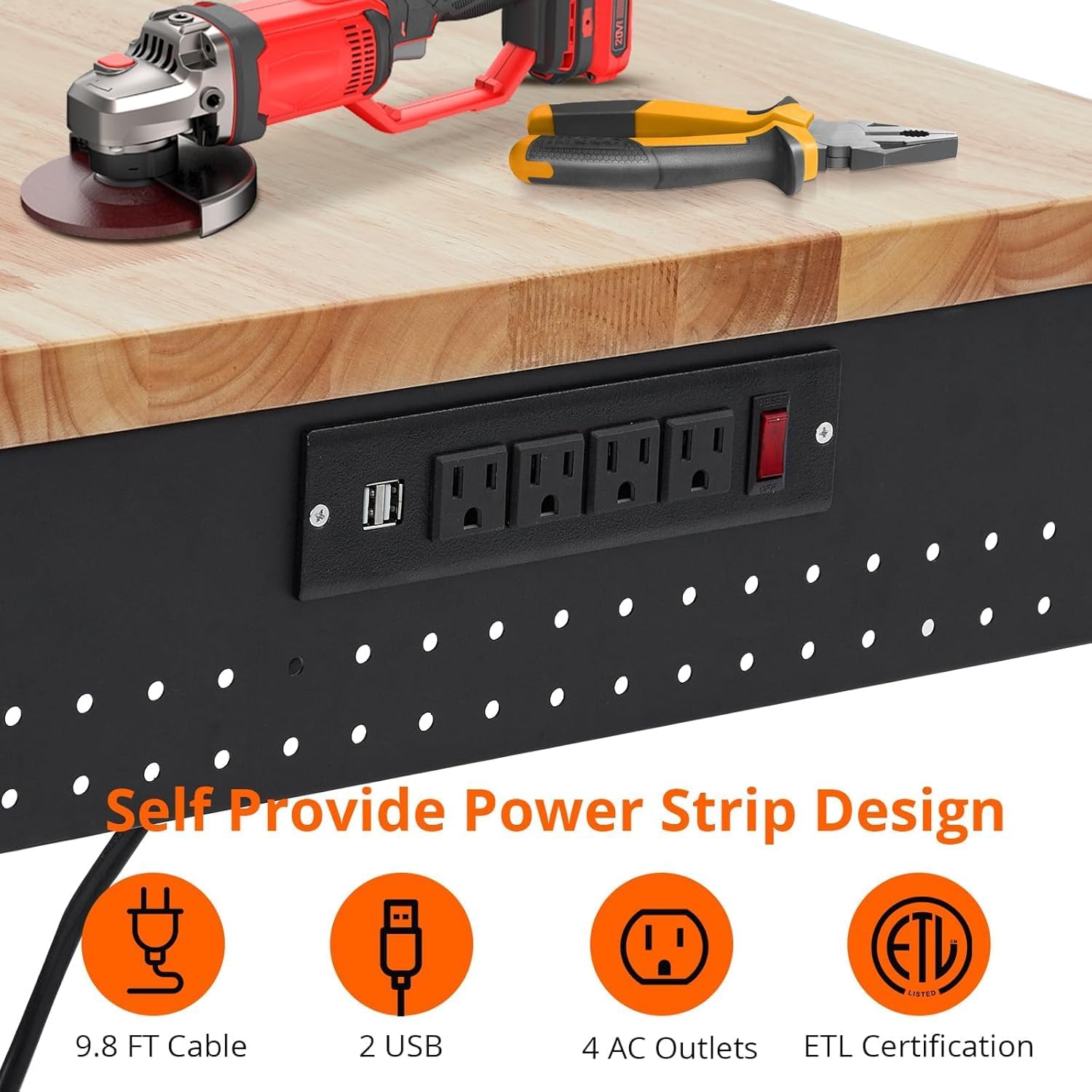 GAOMON Garage Workbench 60 x 22 x 1.2 Inch- Rubber Wood Top Cold Rolled Steel Construction- 9FT ETL Certified Power Strip for Garage Office Use - Image 5