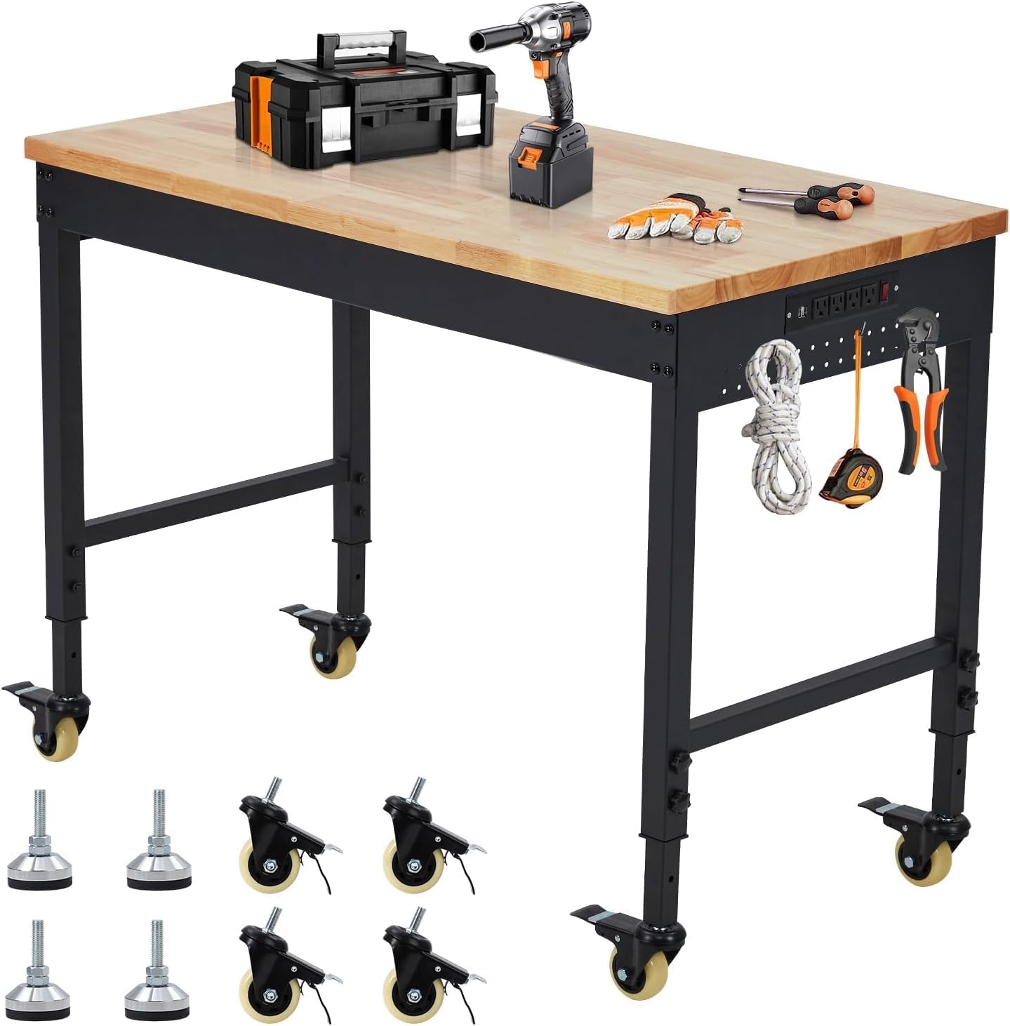 GAOMON Garage Workbench 60 x 22 x 1.2 Inch- Rubber Wood Top Cold Rolled Steel Construction- 9FT ETL Certified Power Strip for Garage Office Use