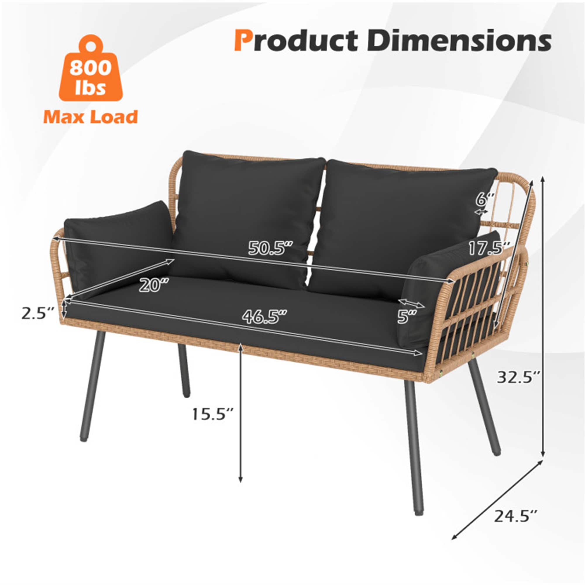 BABOOM Outdoor Rattan Sofa Rattan Outdoor Loveseat with Black Cushions and Steel Frame - Image 4