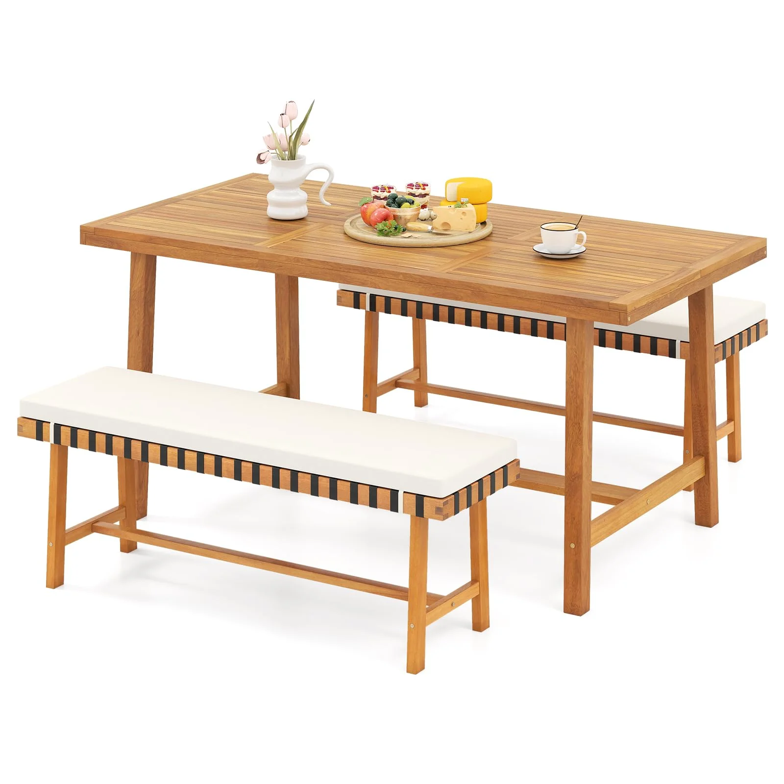 Tangkula 3 Piece Patio Dining Set 63” Outdoor Acacia Wood Rectangular Table with 2 Cushioned Bench