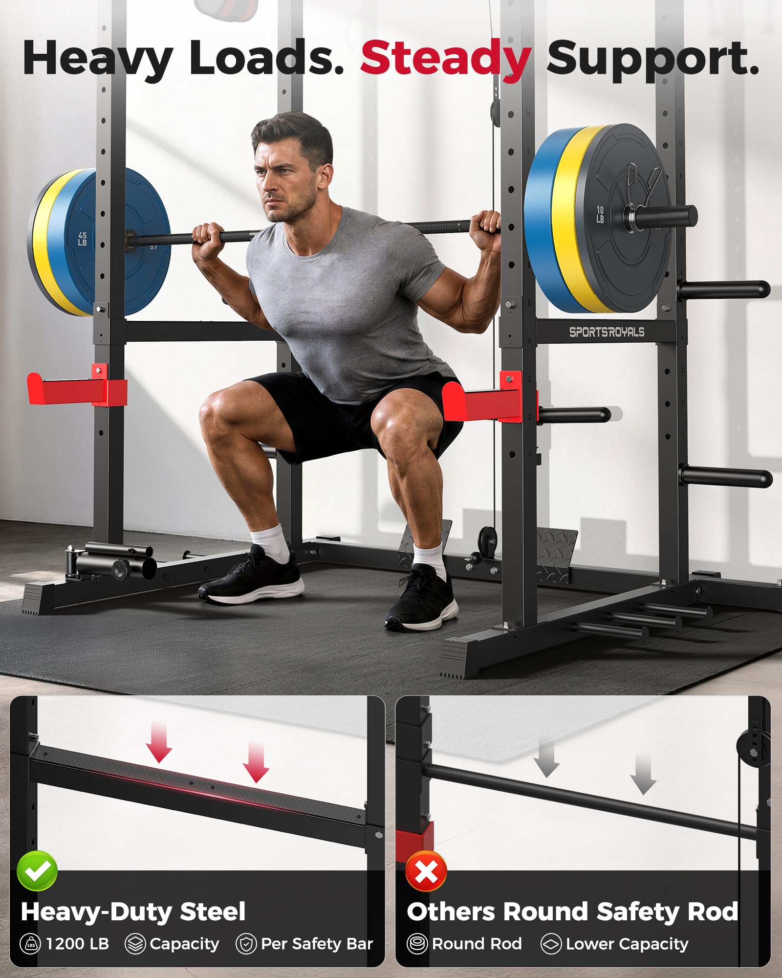 SPORTSROYALS Power Rack, Multi-Functional Power Cage, Squat Rack with Pulley System & LAT Pull Down, Workout Cage with J Hooks for Home Gym - Image 3