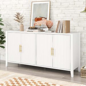 ModernLuxe Assembly Required 61.1inch Modern 4 Vertical Wavy Slatted Doors Sideboard Storage Cabinet With Elegant Design Solid Wood Legs with Painted Metal Handles for Dining Room Living Room Kitchen or Entryway White