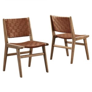 Modway Saoirse Leather Wood Dining Side Chair Set of 2 in Walnut Brown