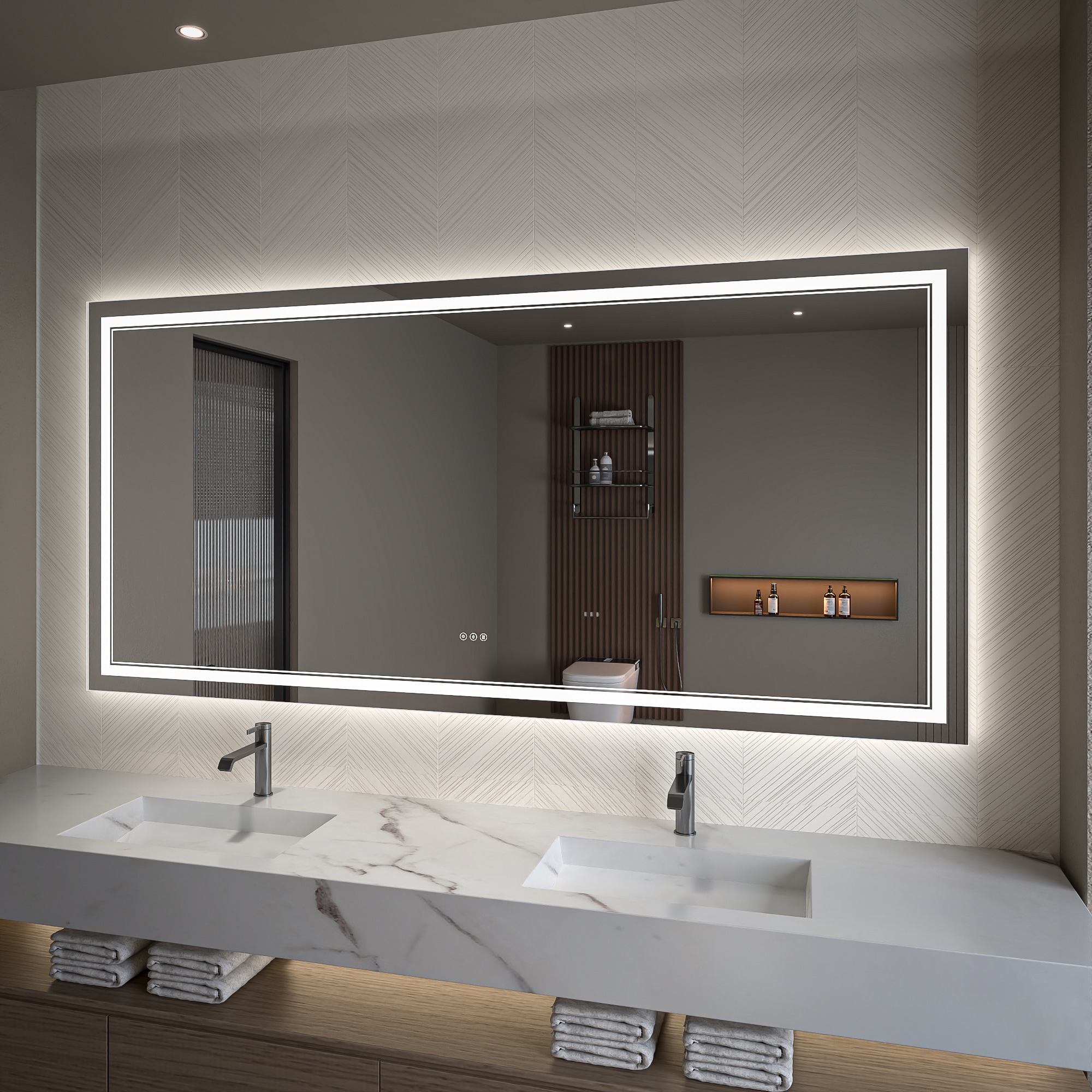 WELLFOR TF LED Bathroom Mirror 84-in x 40-in Polished Frameless Rectangle Dimmable LED Lighted Fog Free Bathroom Vanity Mirror ( White )