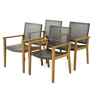 Tangkula Patio Dining Chairs Set of 4, Outdoor Acacia Wood & PE Wicker Chairs with Armrests